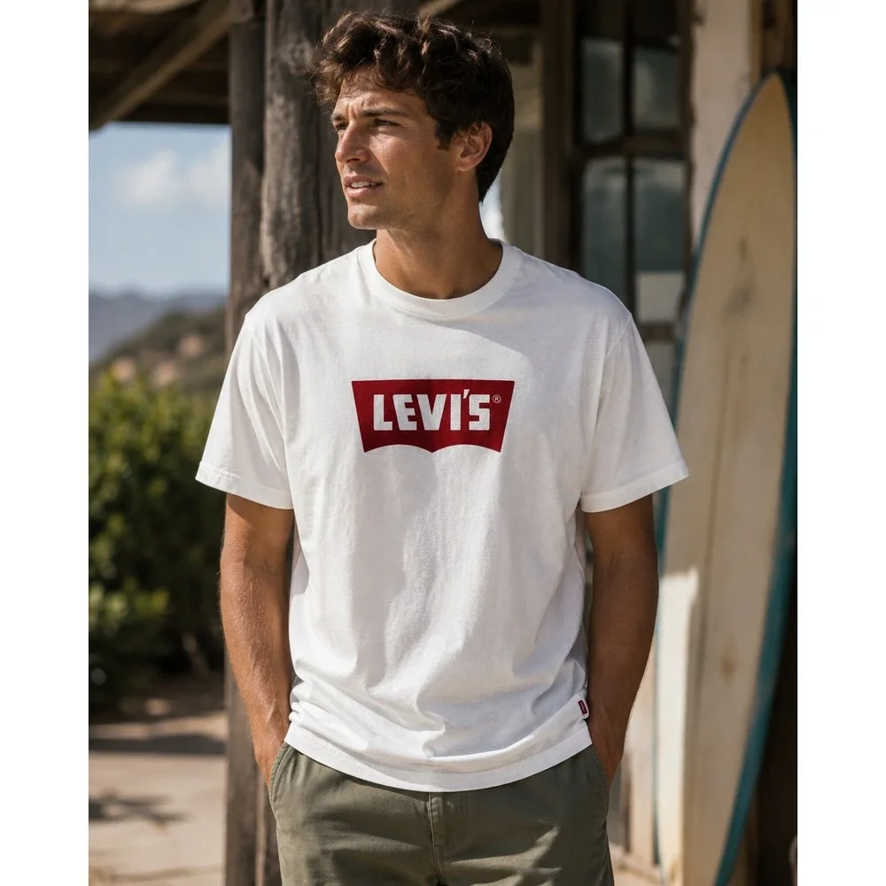 Levis Graphic T-Shirt Mens M White Vintage Fit Red Batwing Logo Short Sleeve Tee